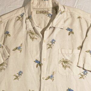 Tommy Bahama 100% Silk Short Sleeve Shirt – White with Blue & Green Pattern